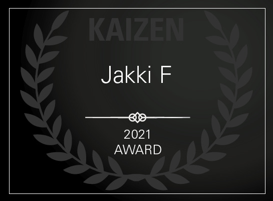 Kaizen Award 2021 Winner Jakki F certificate. 