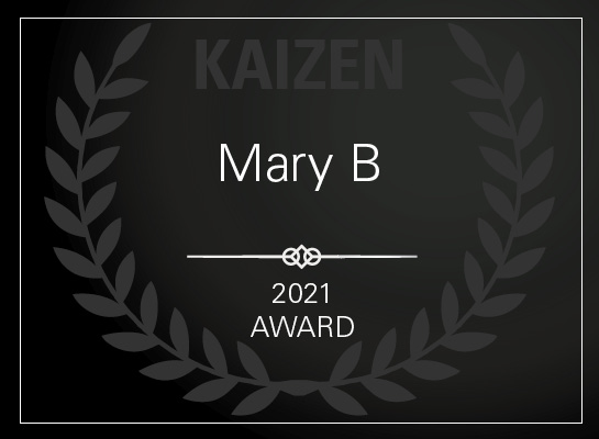 Kaizen Award 2021 Winner Mary B certificate. 
