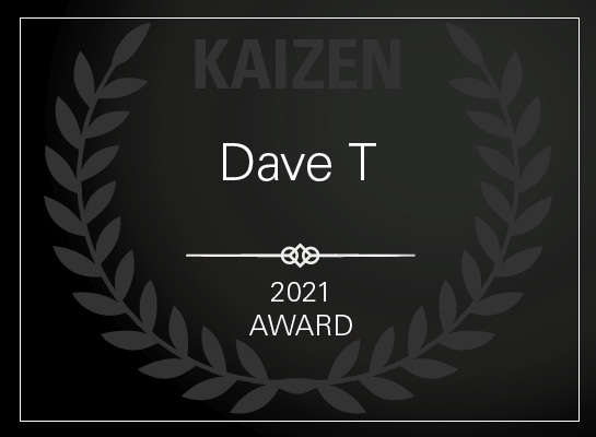Kaizen Award 2021 Winner Dave T certificate. 